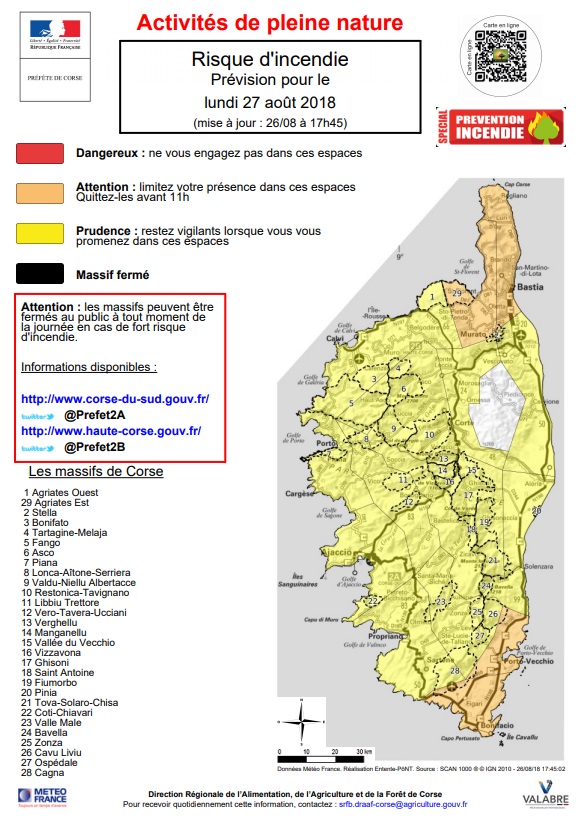 Carte des risques d'incendie en Corse du lundi 27 août