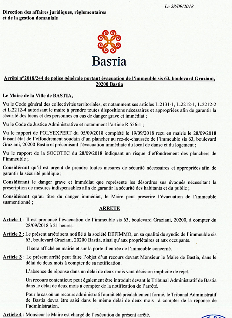 Peril imminent : Arrêté d'évacuation d'un immeuble du boulevard Graziani à Bastia
