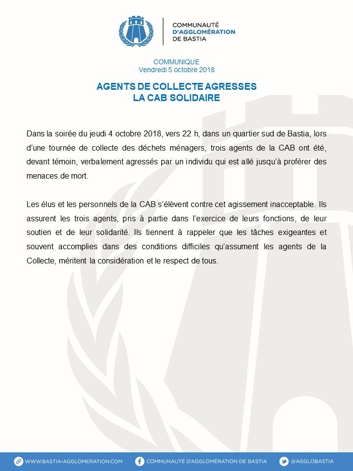 Bastia : Le soutien des élus de la CAB et du STC-CAB après l’agression verbale à trois agents de collecte 