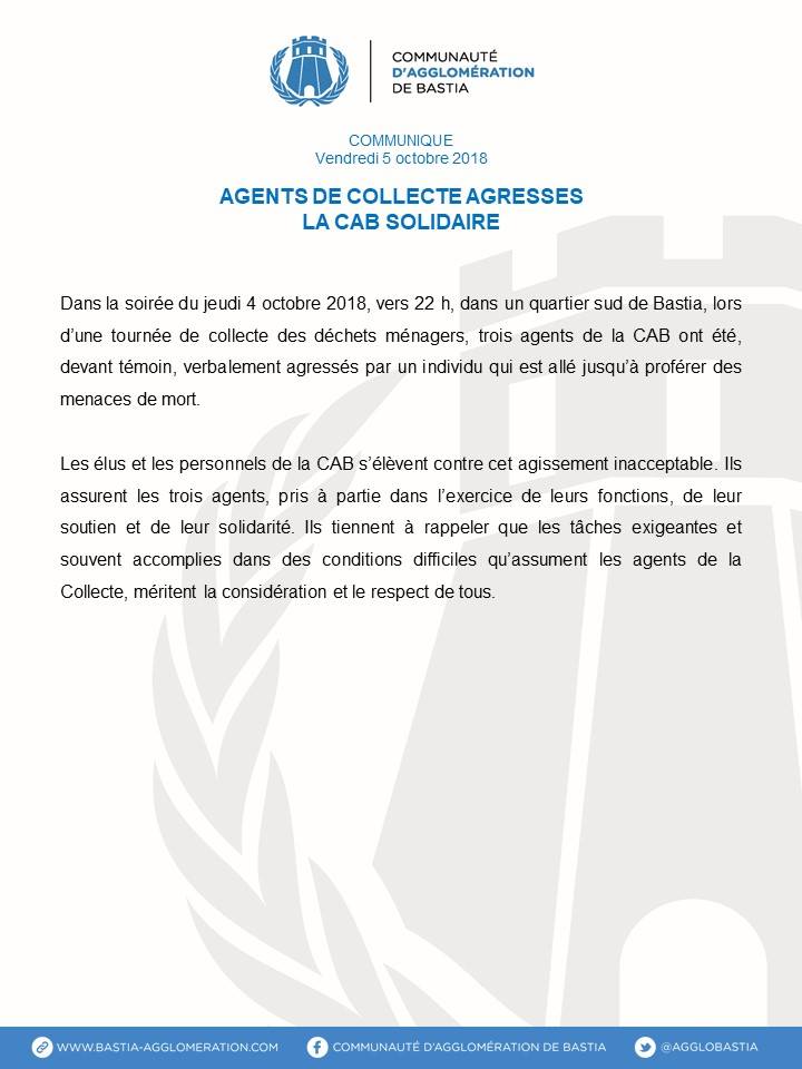 Bastia : Le soutien des élus de la CAB et du STC-CAB après l’agression verbale à trois agents de collecte 
