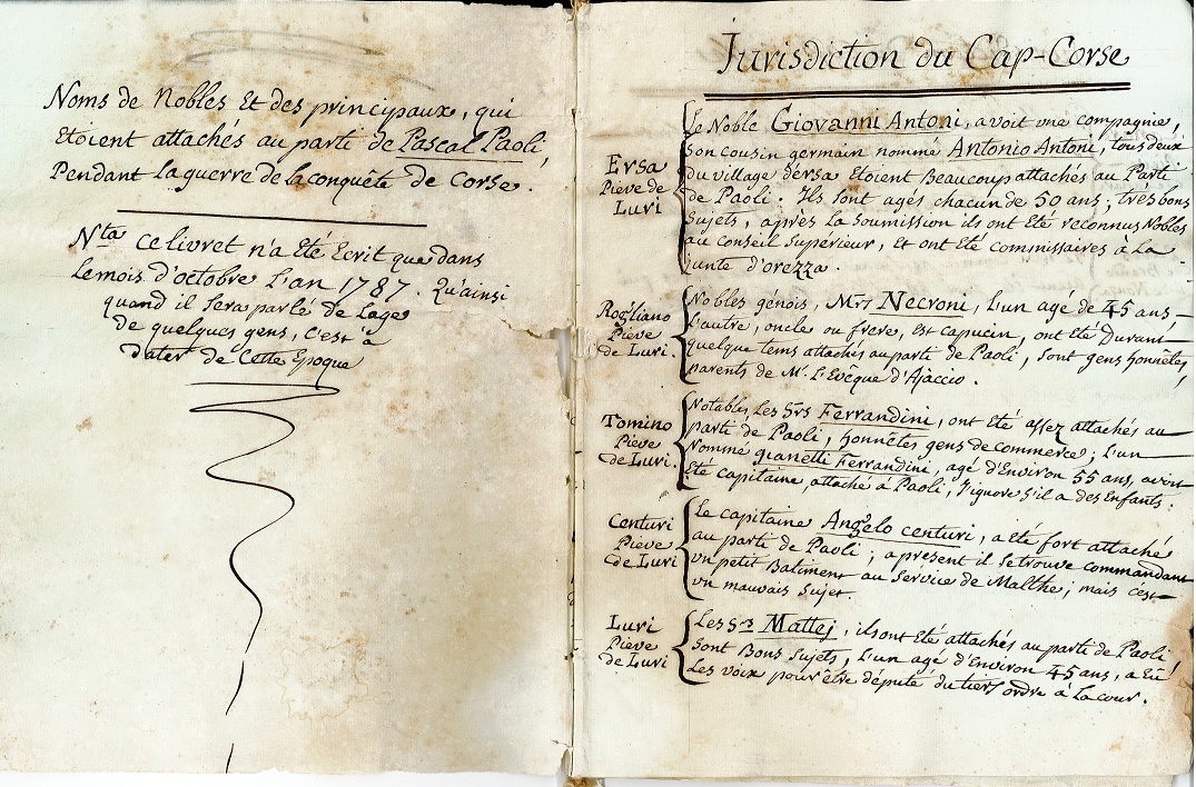 Bastia : Ce curieux manuscrit qui liste des personnes attachées au parti de Paoli lors de la conquête de la Corse…