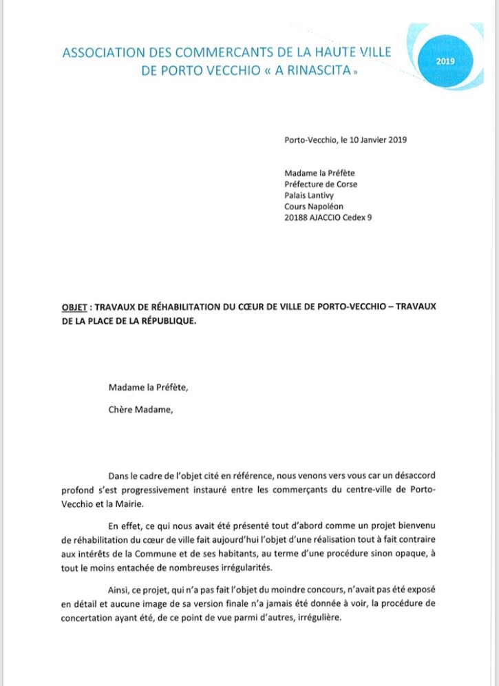 Porto-Vecchio : Les commerçants de "A Rinascita" saisissent la préfète de Corse