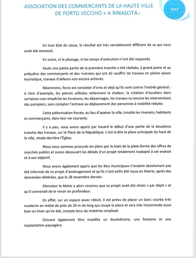 Porto-Vecchio : Les commerçants de "A Rinascita" saisissent la préfète de Corse