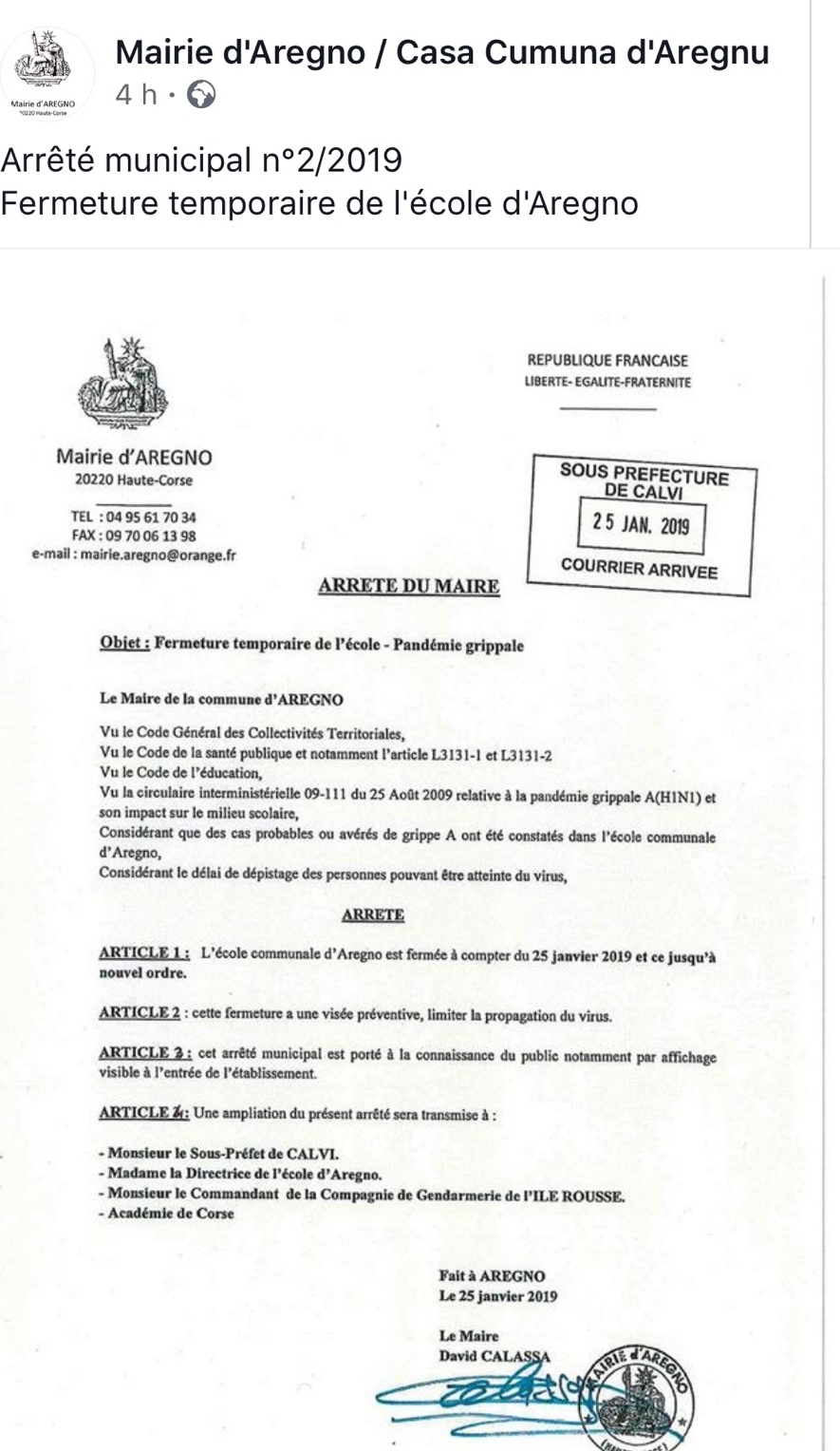 Suspicion de pandémie grippale A : L'école d'Aregnu fermée jusqu'à nouvel ordre