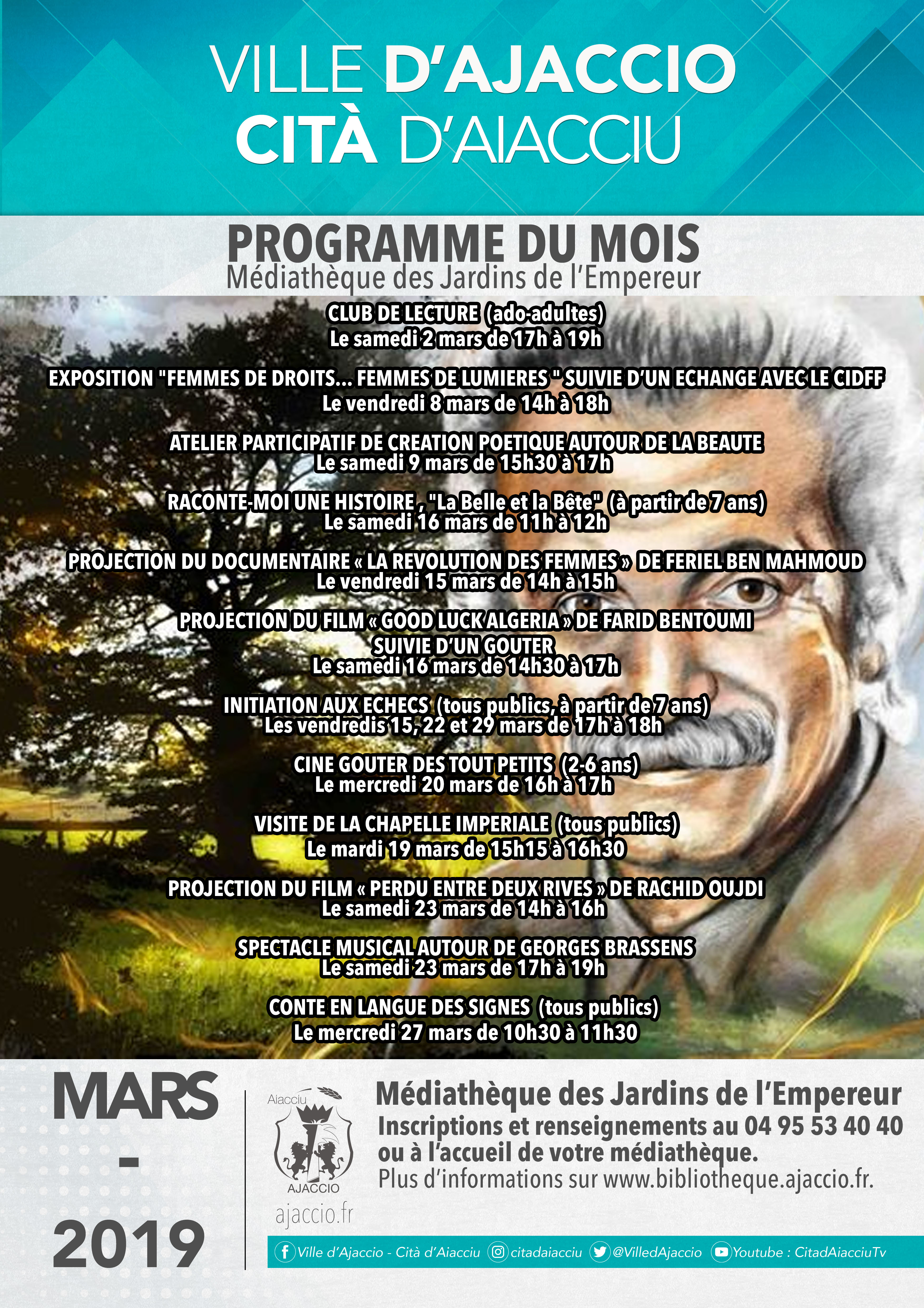 Programme du mois de mars de la médiathèque des Jardins de l'Empereur d'Ajaccio