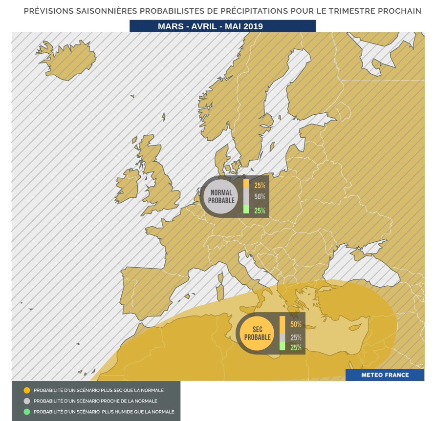 Synthèse des prévisions probabilistes pour les précipitations (source Météo France)