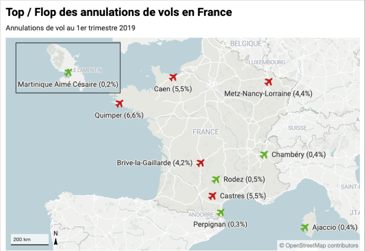 En vert les aéroports assurant le plus de vols, en rouge ceux qui comptabilisent le plus d’annulations.