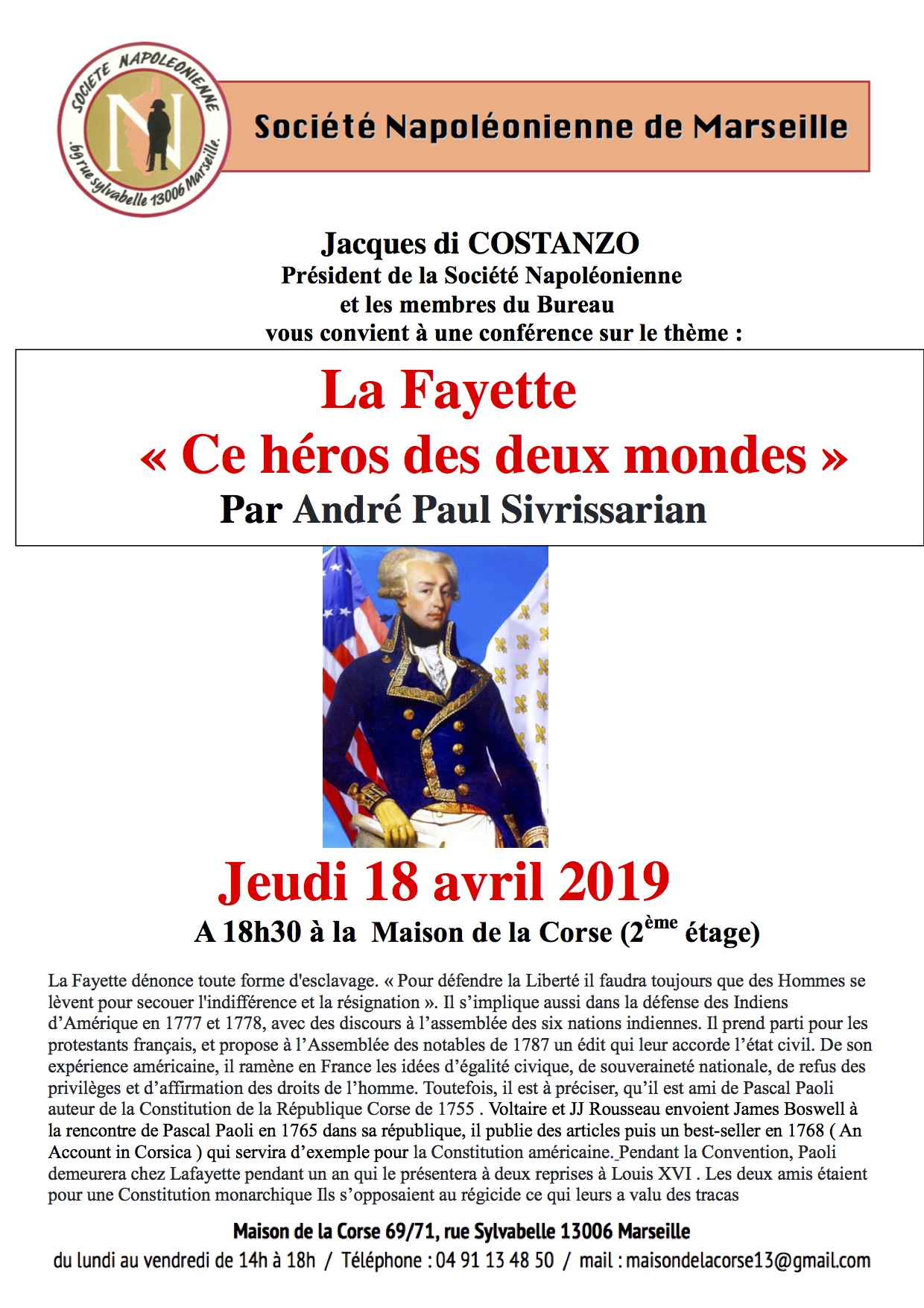 Maison de la Corse. de Marseille et la Société Napoléonienne organisent un séminaire ce 18 avril 2019