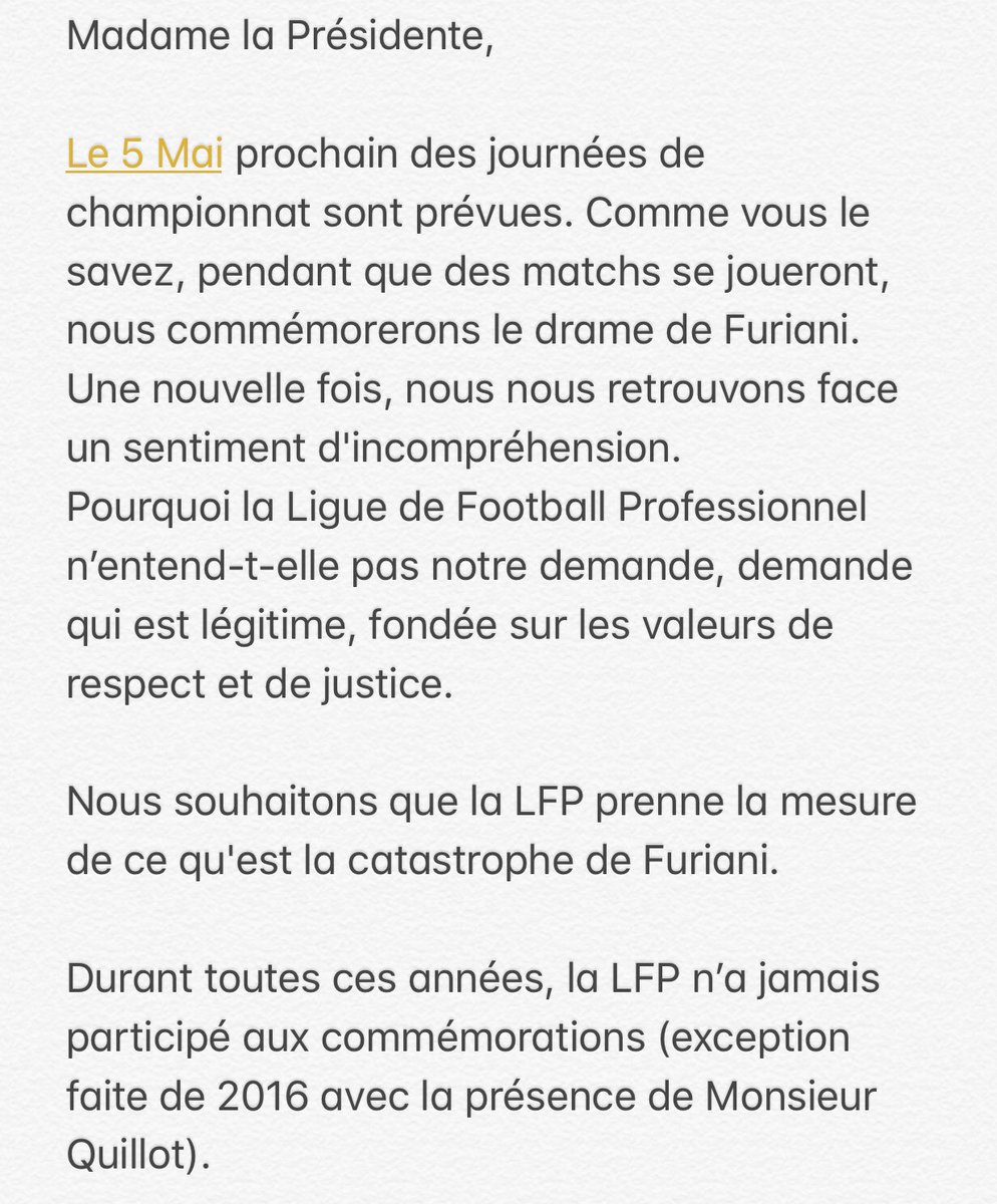 Le Collectif de Furiani demande à la LFP le report des matches du 5 Mai