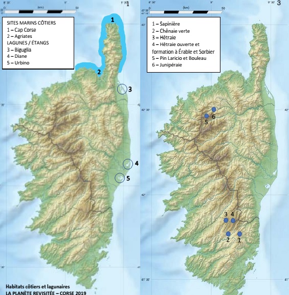 Les sites marins (à g) et terrestres (à dr)explorés par les chercheurs du MNHN
