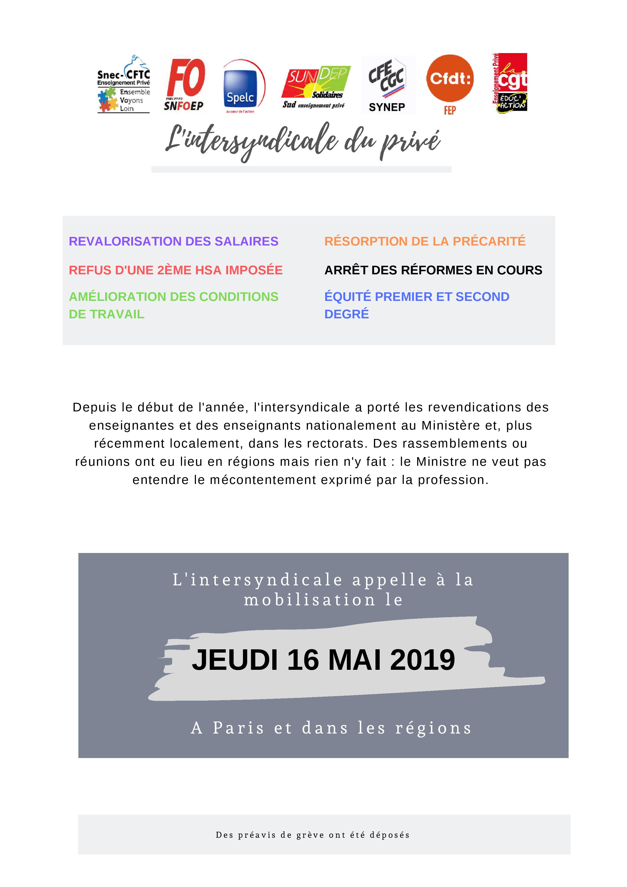 16 mai : l’intersyndicale de l’enseignement privé appelle à la grève