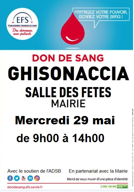 Don du sang : Prochaine collecte à Ghisonaccia ce  mercredi 29 mai