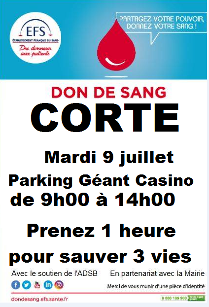 Don de sang : une collecte mardi 9 juillet à Corte 