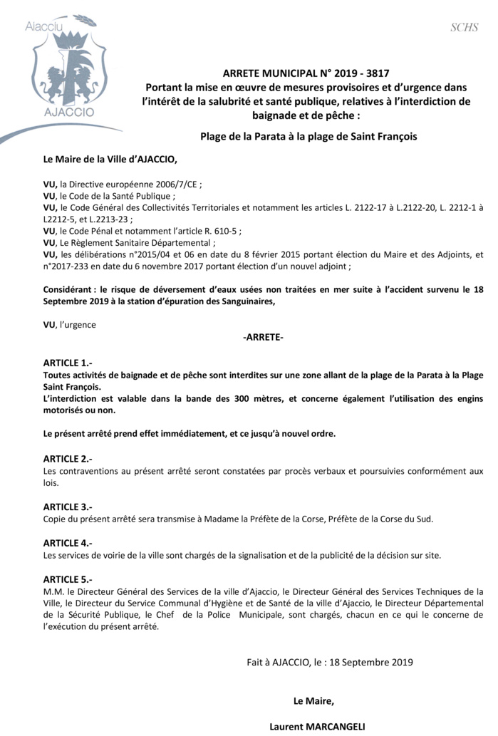 Ajaccio : Baignade et pêche interdites de la Parata à la plage Saint-François