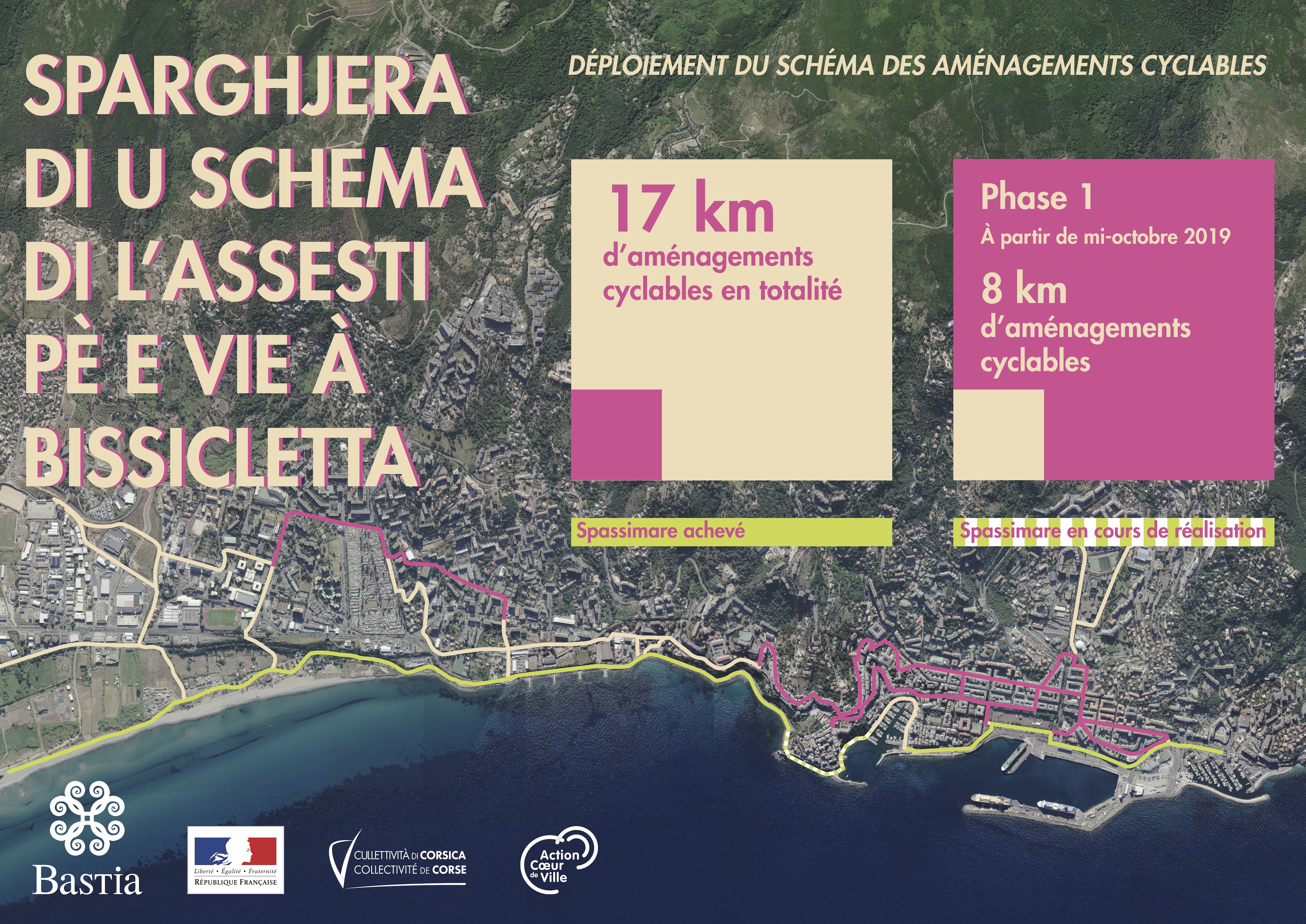 Le plan des pistes cyclables en construction et réalisées à Bastia.