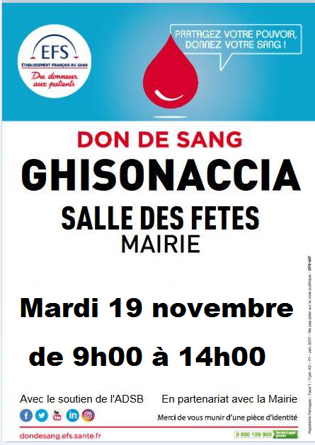 Don de sang : une collecte ce 19 novembre à Ghisonaccia 