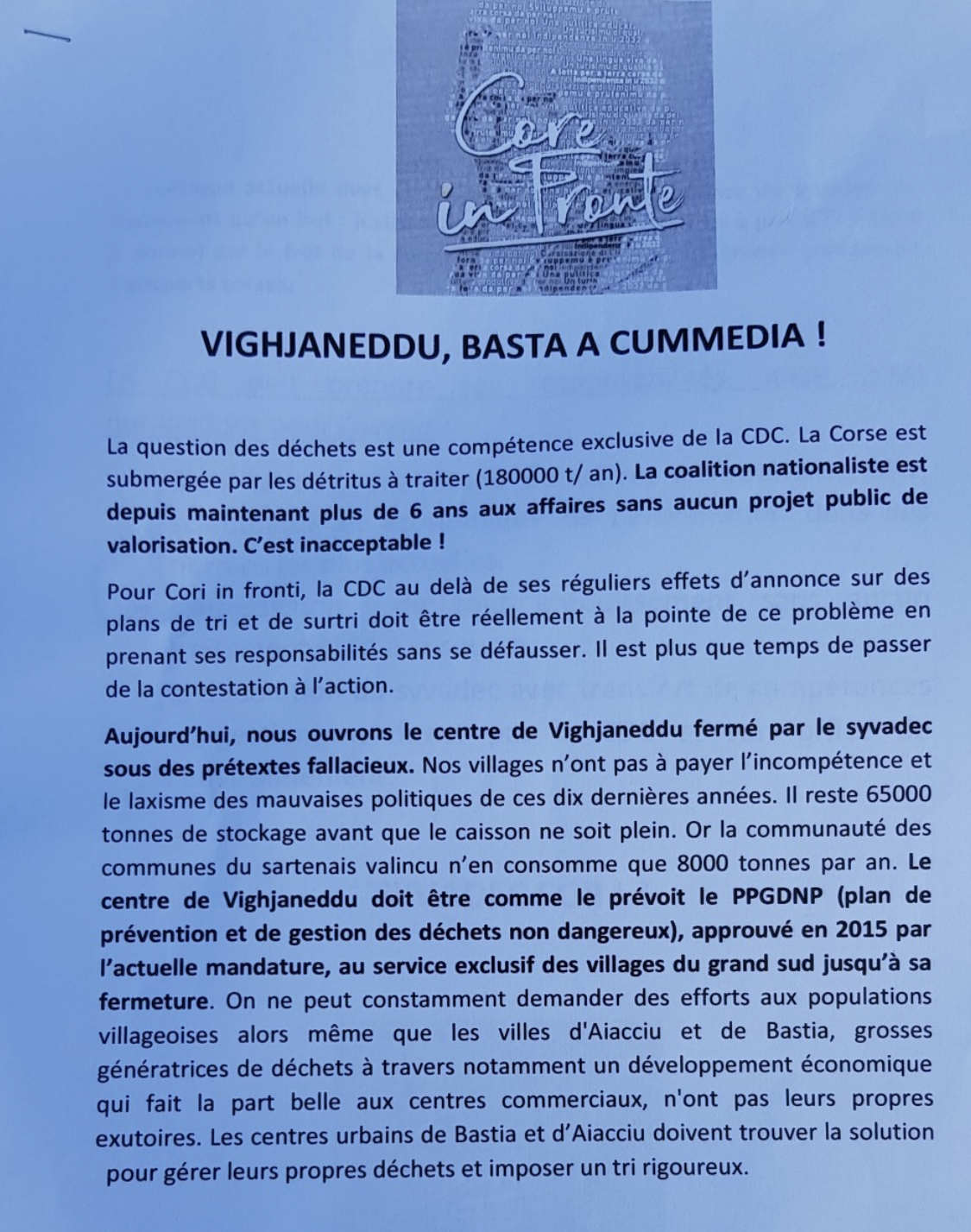 Crise de déchets : Core in Fronte débloque l'accès à Viggianello