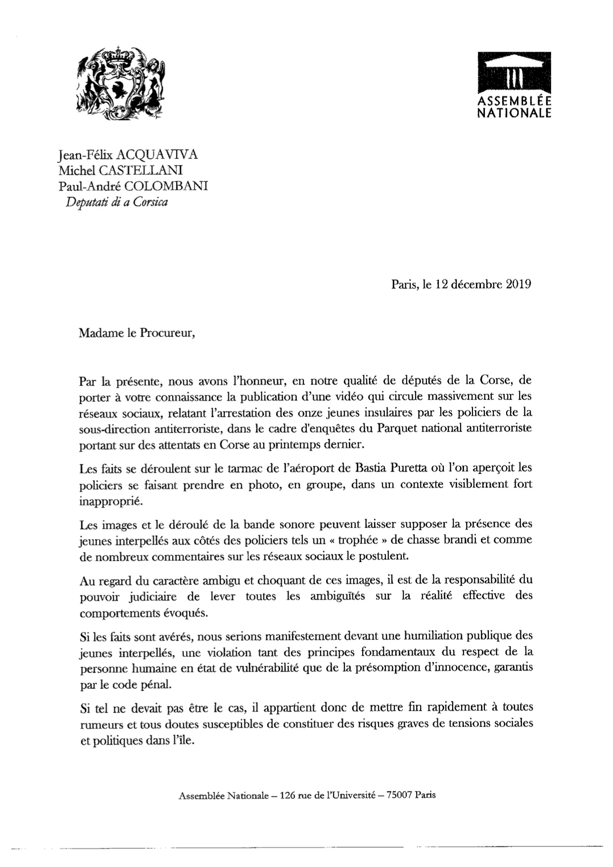 Vidéo du transfert des 10 interpellés à Paris : les trois députés nationalistes saisissent la Procureure de Bastia 