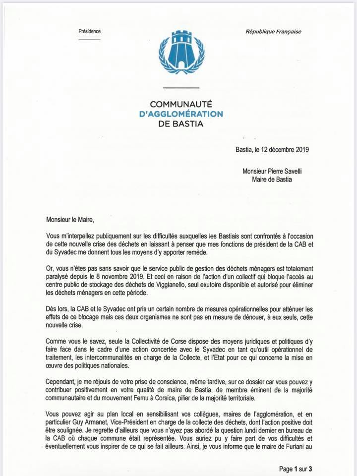 Collecte de déchets : La réponse de François Tatti au maire de Bastia 
