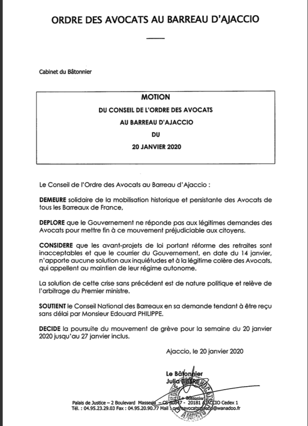 Réforme des retraites : les avocats d'Ajaccio prolongent leur grève jusqu'au lundi 27 janvier