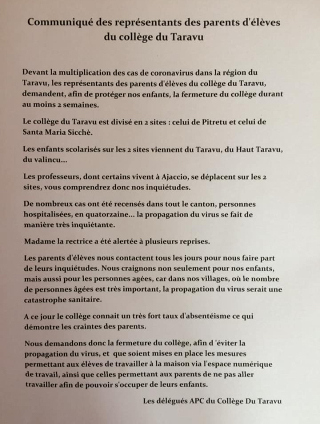 Coronavirus. Les parents d'élèves demandent la fermeture du collège du Taravu