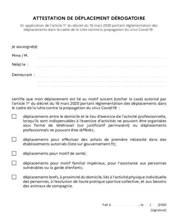 Coronavirus :  téléchargez ici l'attestation de sortie