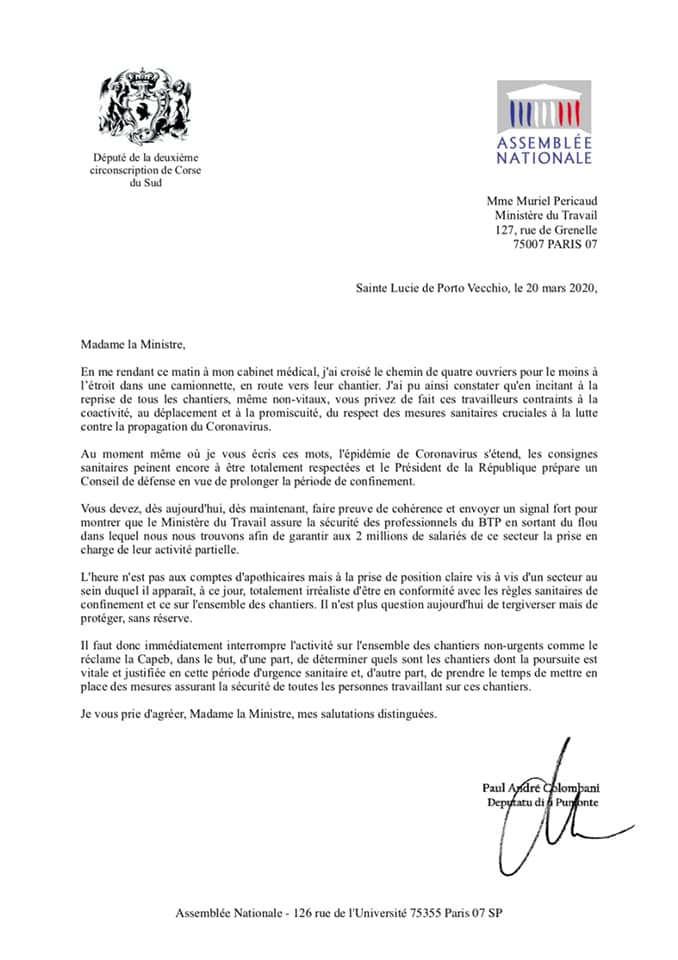 Coronavirus. Paul-André Colombani "Il est urgent d’interrompre la poursuite de tous les chantiers non-vitaux et d’assurer au secteur du BTP une prise en charge"