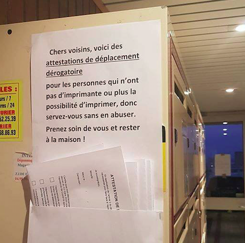 Journal du confinement, jour 20 : "Chers voisins, voici des attestations de déplacement pour ceux qui n'ont pas d'imprimante"