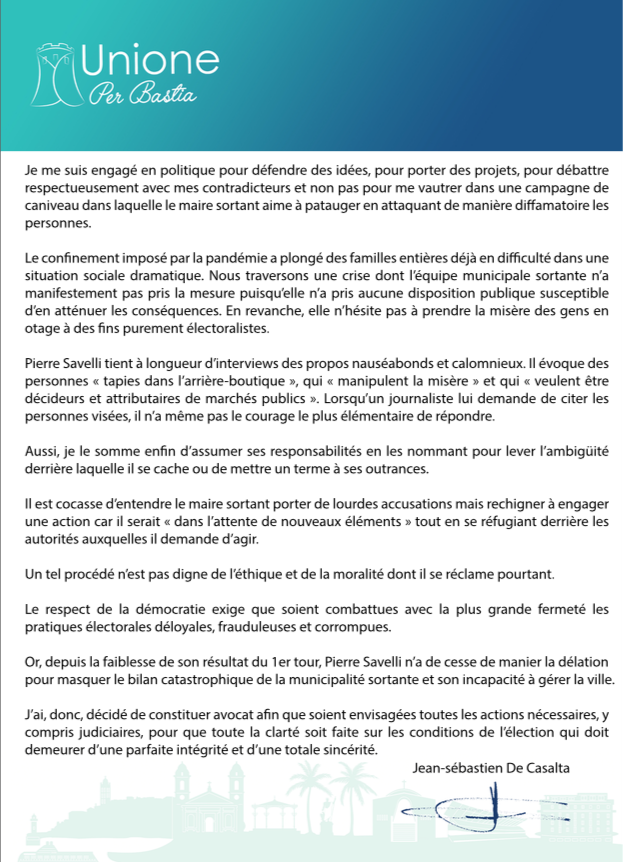 Municipales 2020 : à Bastia, J.-S. de Casalta menace de saisir la justice sur les conditions de l'élection