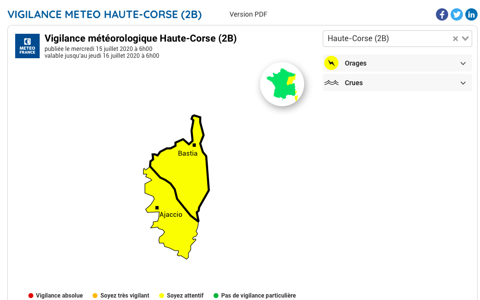 Météo. La Corse placée en vigilance jaune orages ce mercredi 15 juillet