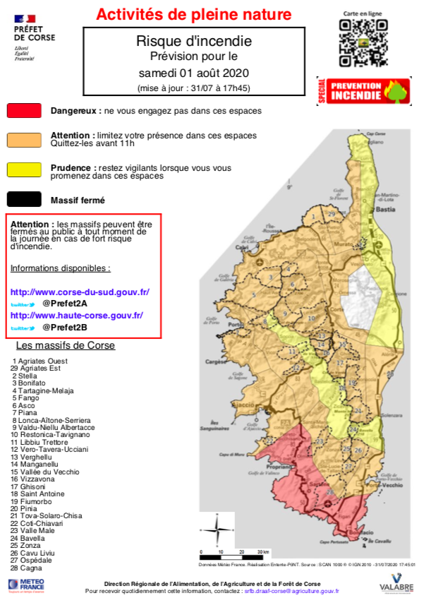 Risque incendie : plusieurs massifs corses en niveau orange ce 1 aout