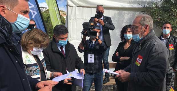 Rencontre des syndicalistes de la CGT avec le président de l'Exécutif territorial, Gilles Simeoni, le député Jean-Félix Acquaviva, et la nouvelle présidente de l'ANEM, Jeanine Dubié. Photo CNI.