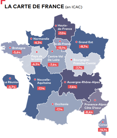 Evolution de l'ICAC 2020 par rapport à 2019 par région. Source : Conseil Supérieur de l'Ordre des Experts Comptables.