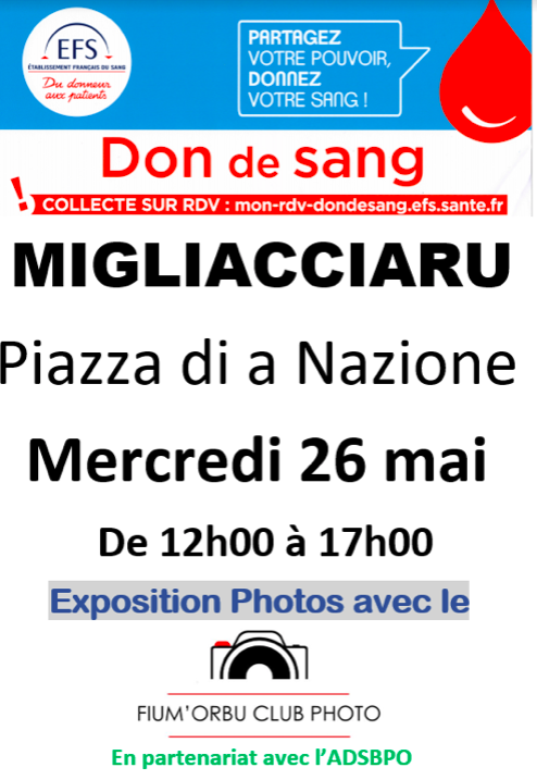 Don de sang :  une collecte à Migliacciaru le mercredi 26 mai