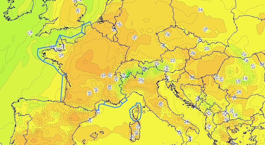 Températures maximales prévues mercredi 16 juin