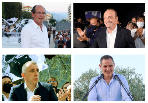 Les quatre candidats en lice pour le second tour : Paul-Félix Benedetti, Laurent Marcangeli, Jean-Christophe Angelini et Gilles Simeoni.