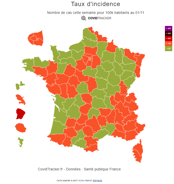 La Haute-Corse enregistre un taux d'incidence de 91 cas pour 100 000 habitants au 1er novembre selon les données de Santé Publique France. Source : CovidTracker