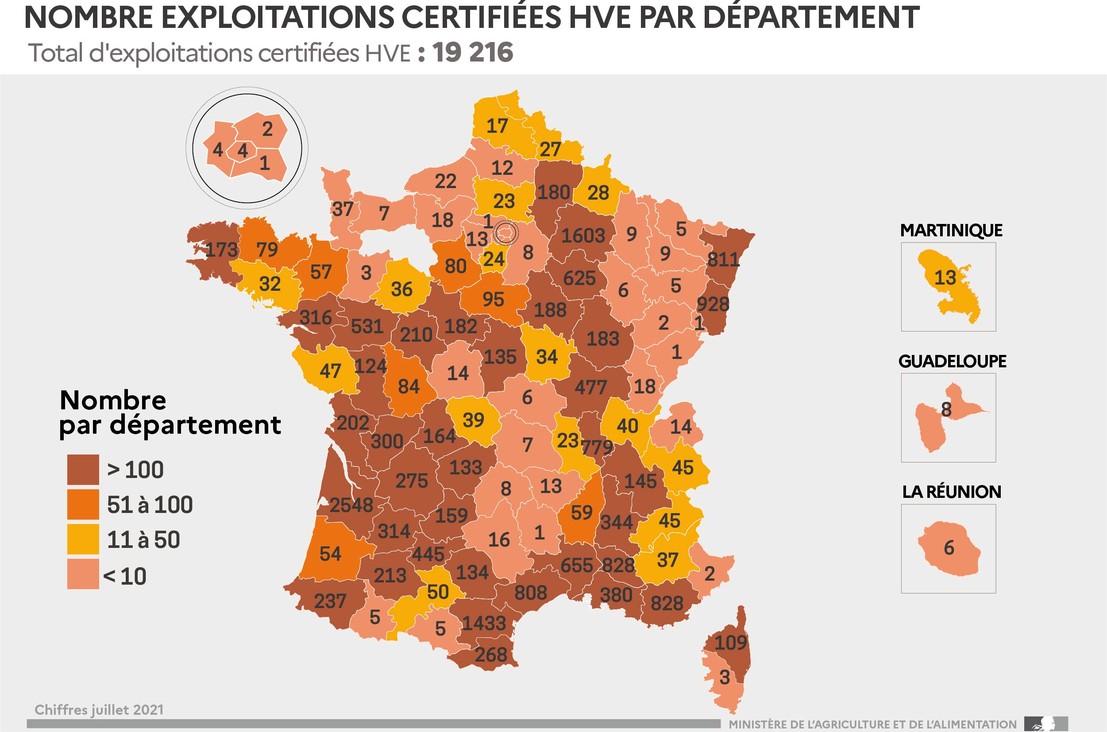 Les exploitations certifiées HVE en juillet 2021 en France. Source : Ministère de l'Agriculture