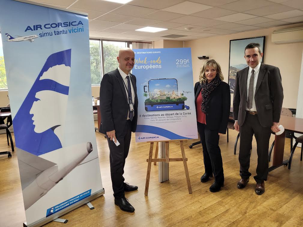 Madame Marie-Hélène Casanova-Servasn, présidente du Conseil de Surveillance d’Air Corsica, Monsieur Luc Bereni, président du Directoire d’Air Corsica et Monsieur Jean-Baptiste Martini, directeur Commercial & Marketing d’Air Corsica, ont présenté les « WEEK-ENDS EUROPEENS 2022 », édition spéciale post Covid-19. Photo DR