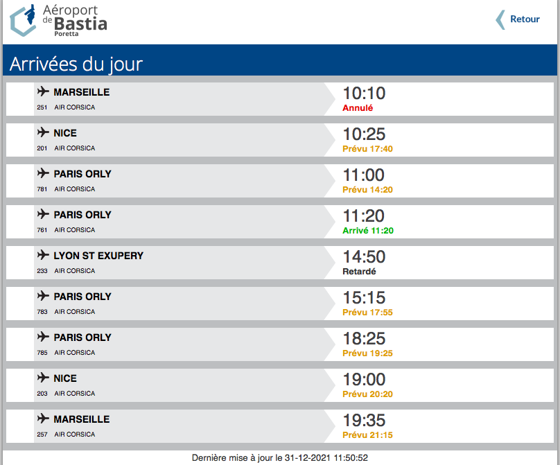 Capture écran site internet aéroport de Bastia