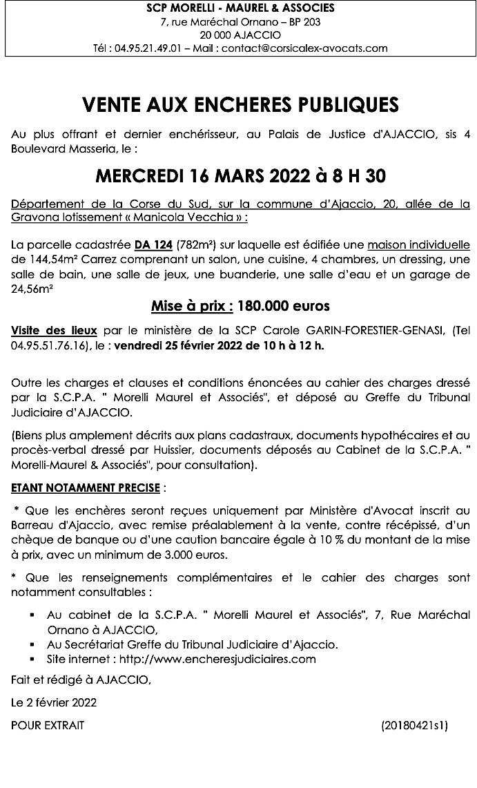 Ajaccio : Vente aux enchères publiques