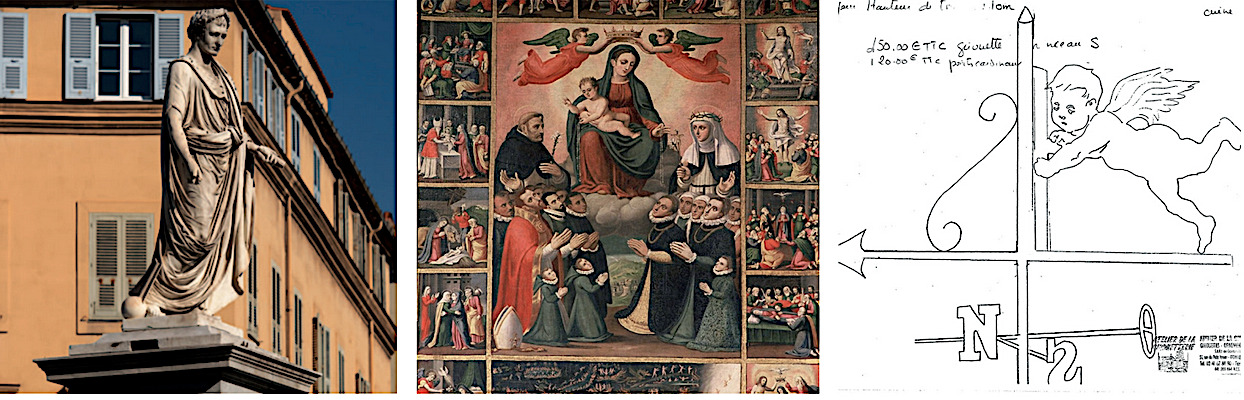 La statue de l’Empereur à Ajaccio, la Donation du rosaire et la girouette de la cathédrale Sainte-Marie à Bastia