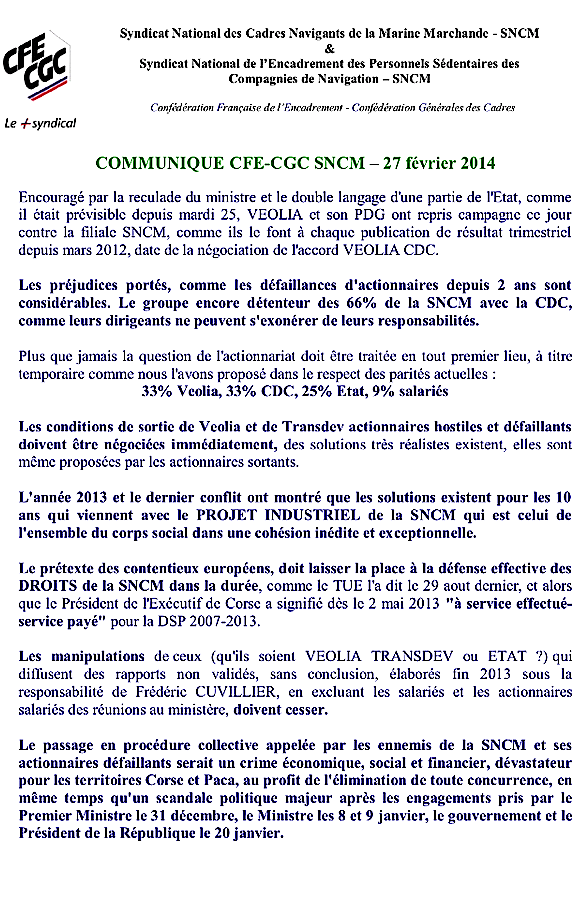 La SNCM fustige la mise sous protection préconisée par Veolia