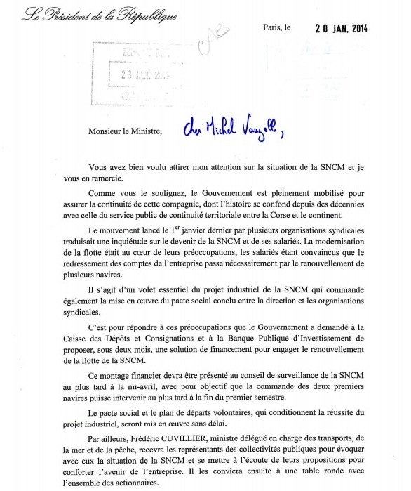 SNCM : La réponse de François Hollande à Michel Vauzelle