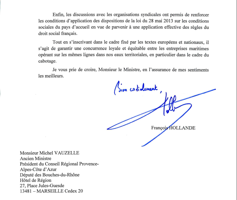 SNCM : La réponse de François Hollande à Michel Vauzelle