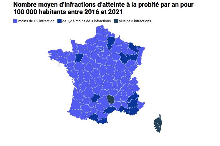 Carte: Vie-publique.fr / DILA  Source: SSMSI, bases des crimes et délits enregistrés par la police et la gendarmerie 2016 à 2021 - Insee, recensement de la population 2018