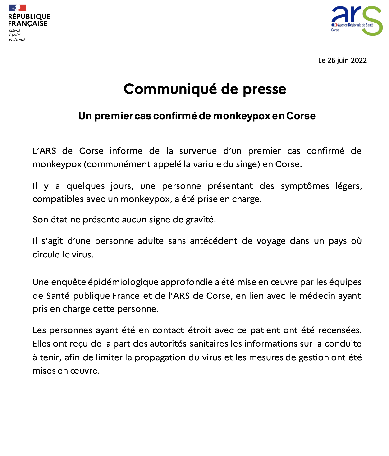 Monkeypox  "Variole du singe": un premier cas confirmé en Corse