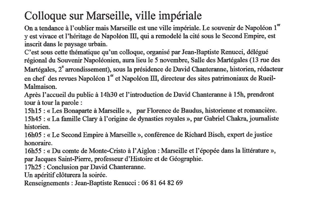 L'association Le Souvenir napoléonien organise le colloque "Marseille Ville Impériale"