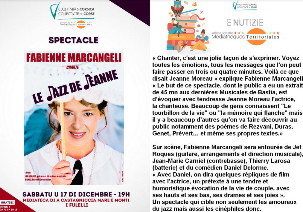 Folelli :Fabienne Marcangeli chante "Le jazz de Jeanne"à la Médiathèque de Castagniccia
