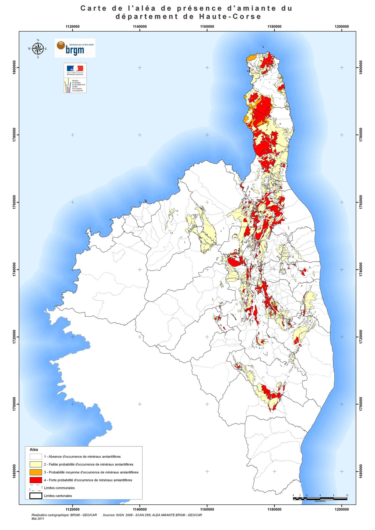Carte de l'aléa de la présence d'amiante sur la Haute-Corse (Crédits : BRGM - Jéromine Duron, Didier Lahondère, Florence Cagnard)